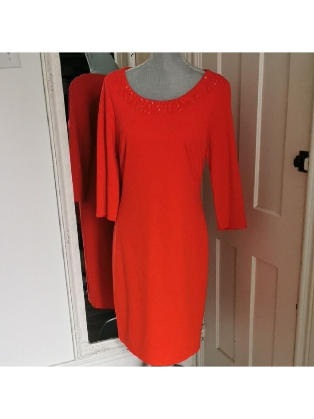 Cleo orange sheath dress midi with embellishments. 3/4 length sleeves, lined S 8
